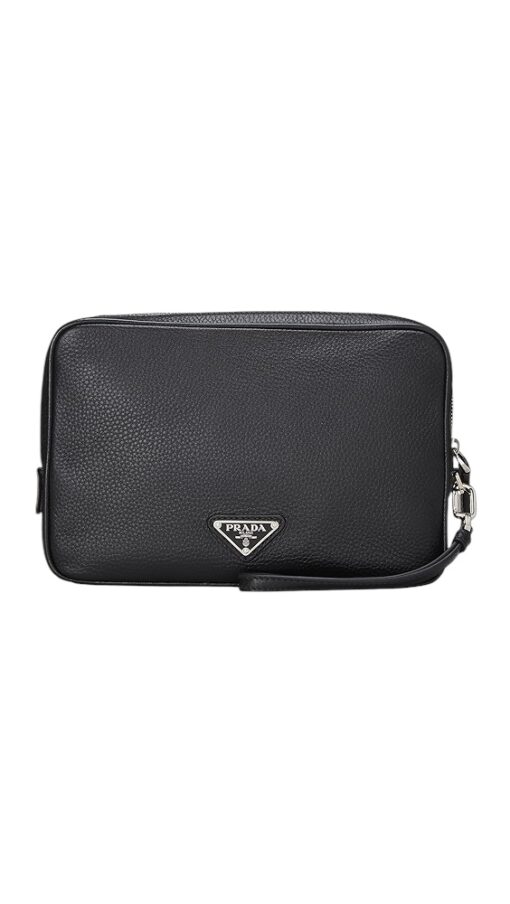 Prada Logo Plaque Calf Leather Clutch Bag