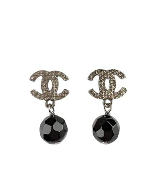 Chanel CC Metal Black Bead Drop Earrings.