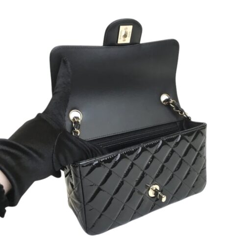 CHANEL Patent Calfskin Quilted Mini Rectangular Flap Black. - Image 7