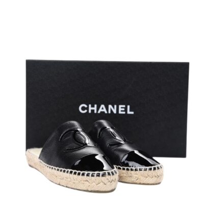 CHANEL Iridescent Goatskin Patent CC Espadrille Mules Black (Size 36)