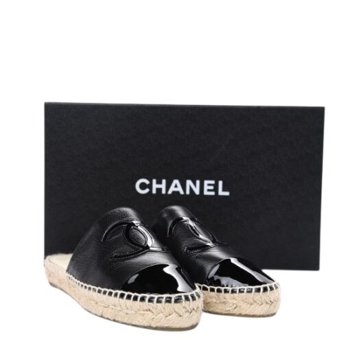 CHANEL Iridescent Goatskin Patent CC Espadrille Mules Black (Size 36)
