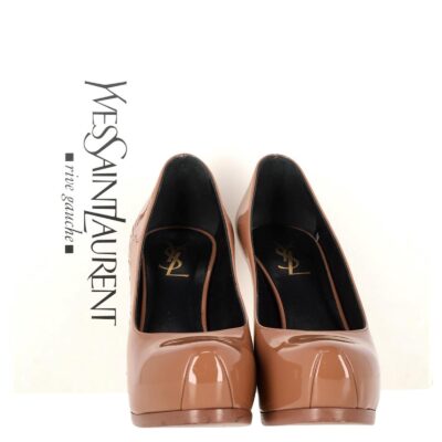 Saint Laurent Beige / Caramel Patent Leather Tribtoo Platform Pumps( Size 38.5)