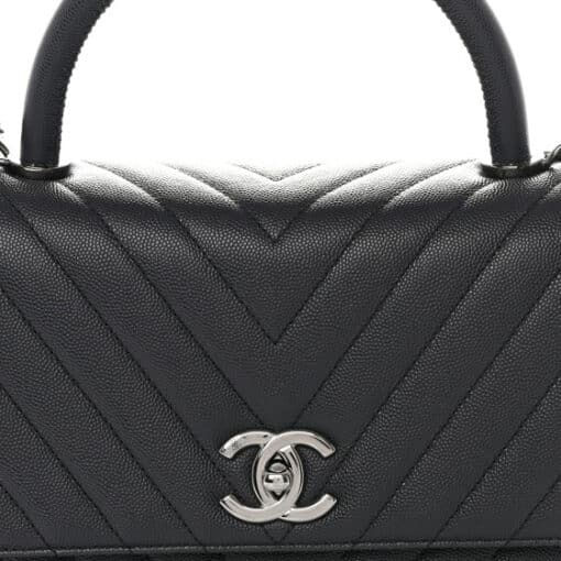 CHANEL Caviar Chevron Quilted Small Coco Top Handle Flap Dark Grey. - Image 5