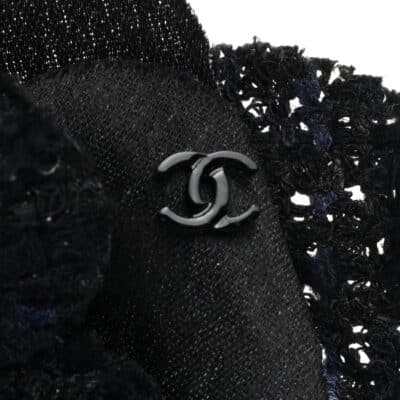 CHANEL Tweed Fabric Camellia Pin Brooch Navy Blue Black