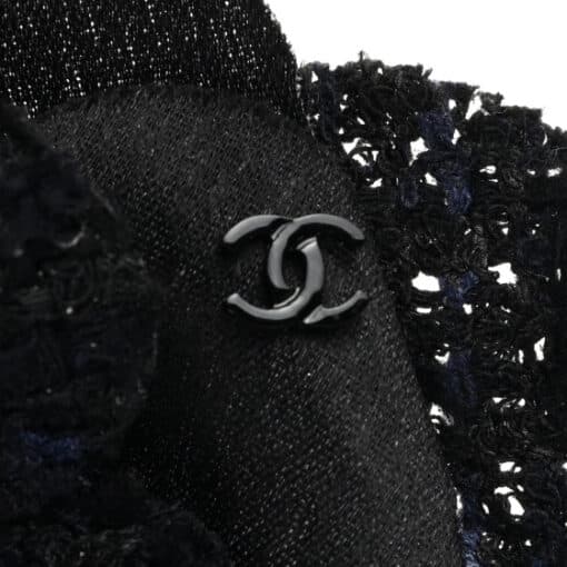 CHANEL Tweed Fabric Camellia Pin Brooch Navy Blue Black