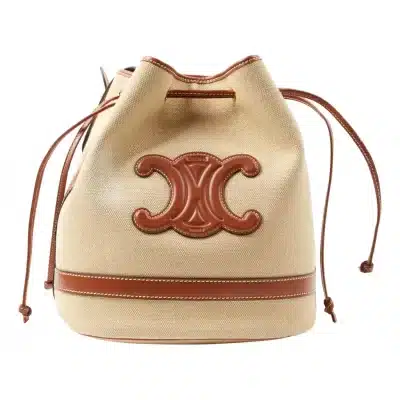 CÉLINE Seau Marin Drawstring Cabas in Beige Textile and Tan Leather