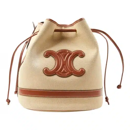 CÉLINE Seau Marin Drawstring Cabas in Beige Textile and Tan Leather