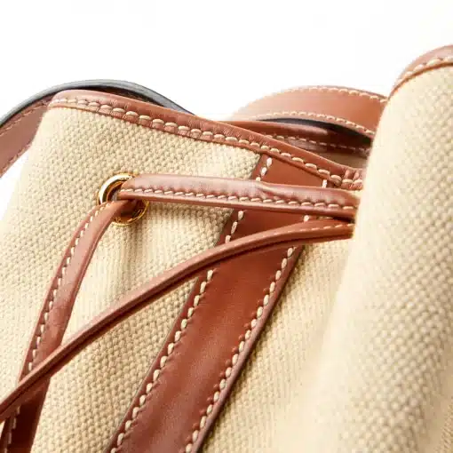 CÉLINE Seau Marin Drawstring Cabas in Beige Textile and Tan Leather - Image 5