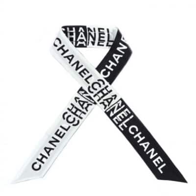 CHANEL Silk Logo Slim Bandeau Scarf Black White