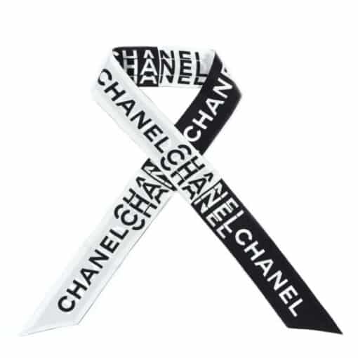 CHANEL Silk Logo Slim Bandeau Scarf Black White