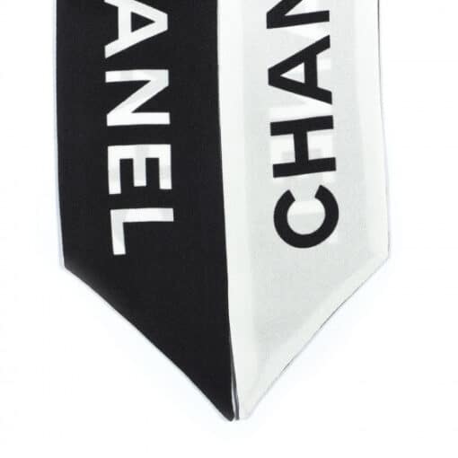 CHANEL Silk Logo Slim Bandeau Scarf Black White - Image 4