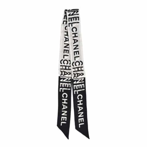 CHANEL Silk Logo Slim Bandeau Scarf Black White - Image 6