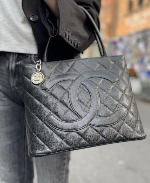 CHANEL Caviar Quilted Medallion Tote Black and Silver Hardware - Image 10