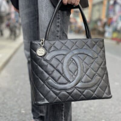 CHANEL Caviar Quilted Medallion Tote Black and Silver Hardware