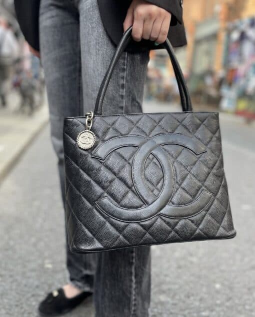 CHANEL Caviar Quilted Medallion Tote Black and Silver Hardware