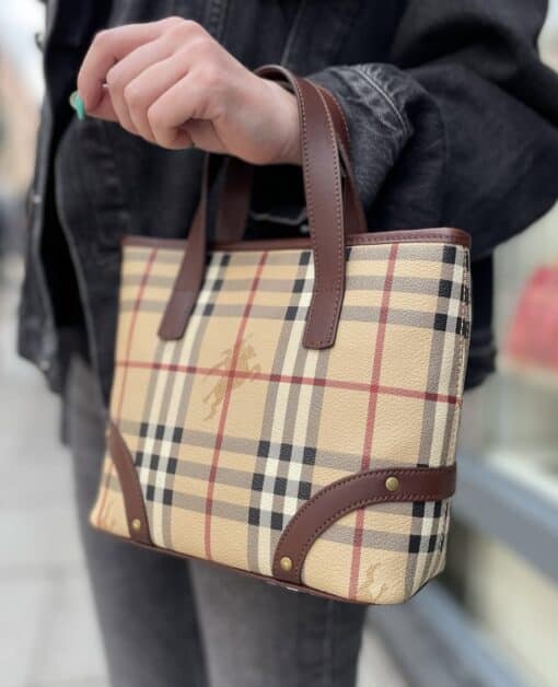 Burberry Brown Check Tote Leather/ Canvas Handbag