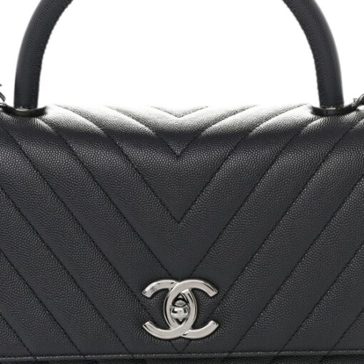 CHANEL Caviar Chevron Quilted Small Coco Top Handle Flap Dark Grey. - Image 8