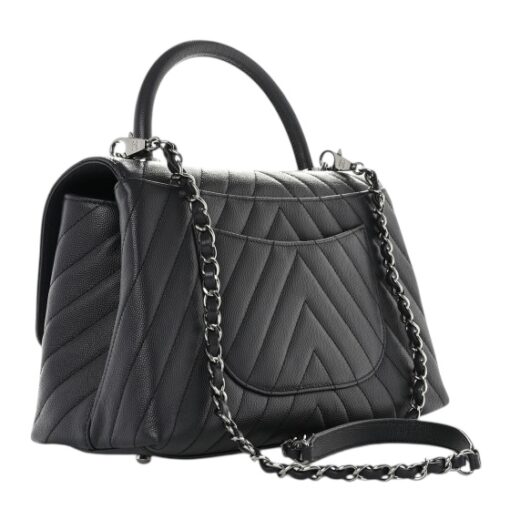 CHANEL Caviar Chevron Quilted Small Coco Top Handle Flap Dark Grey. - Image 9