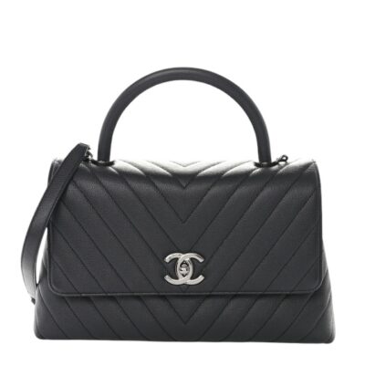 CHANEL Caviar Chevron Quilted Small Coco Top Handle Flap Dark Grey.
