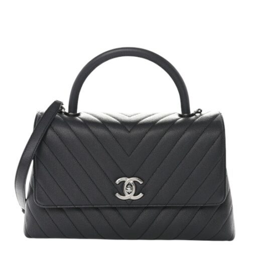 CHANEL Caviar Chevron Quilted Small Coco Top Handle Flap Dark Grey.