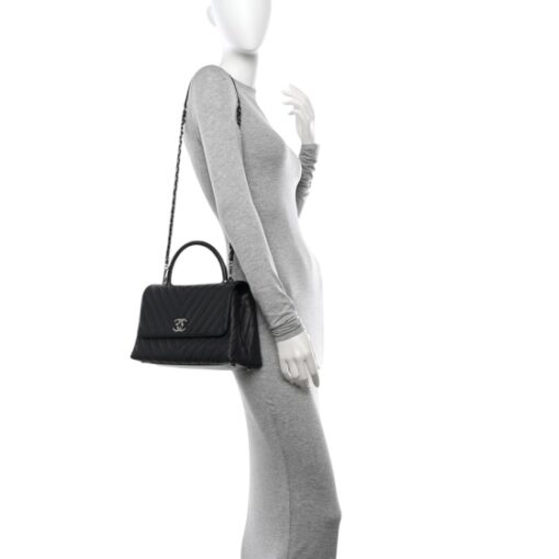 CHANEL Caviar Chevron Quilted Small Coco Top Handle Flap Dark Grey. - Image 11