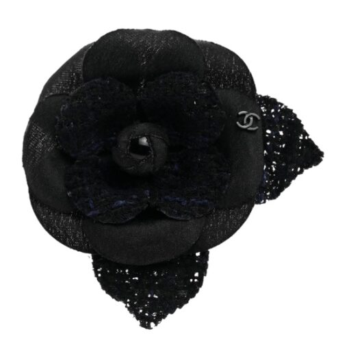 CHANEL Tweed Fabric Camellia Pin Brooch Navy Blue Black - Image 3