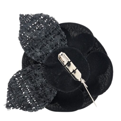 CHANEL Tweed Fabric Camellia Pin Brooch Black. - Image 2