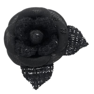 CHANEL Tweed Fabric Camellia Pin Brooch Black.