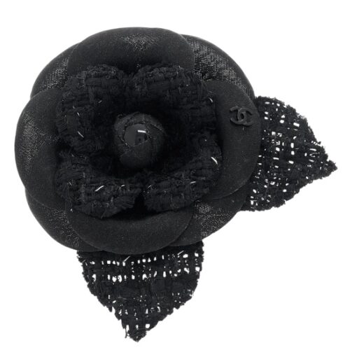 CHANEL Tweed Fabric Camellia Pin Brooch Black.
