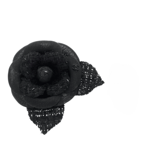 CHANEL Tweed Fabric Camellia Pin Brooch Black. - Image 4