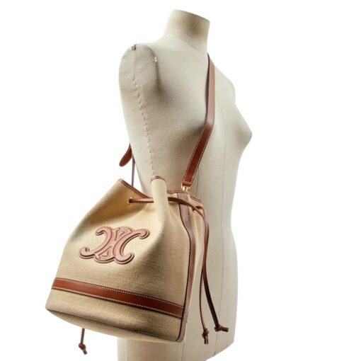 CÉLINE Seau Marin Drawstring Cabas in Beige Textile and Tan Leather - Image 13
