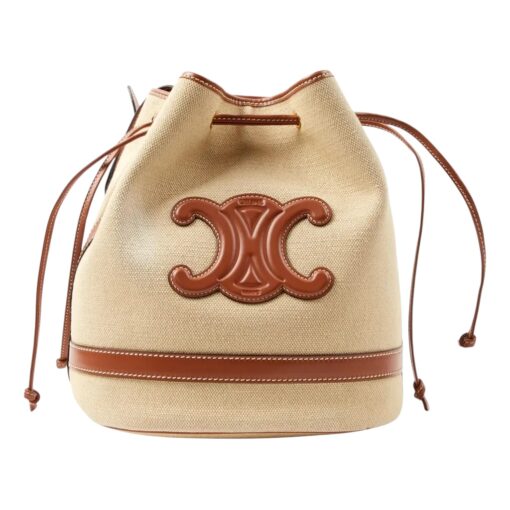 CÉLINE Seau Marin Drawstring Cabas in Beige Textile and Tan Leather - Image 14