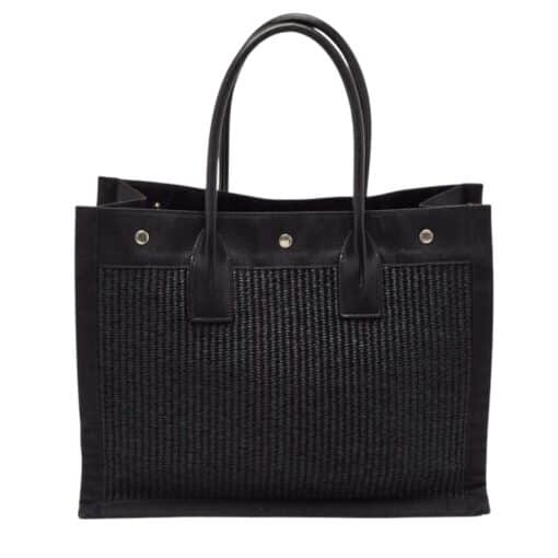 SAINT LAURENT Raffia Linen Calfskin Small Rive Gauche Tote Black - Image 5