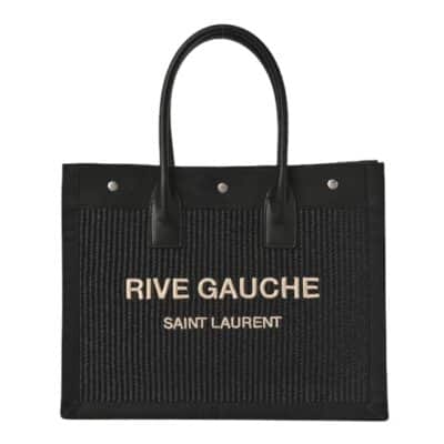 SAINT LAURENT Raffia Linen Calfskin Small Rive Gauche Tote Black