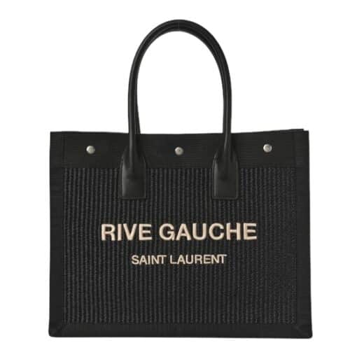 SAINT LAURENT Raffia Linen Calfskin Small Rive Gauche Tote Black