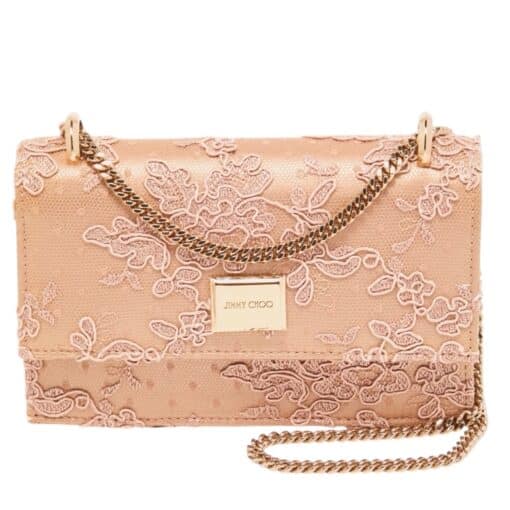 Jimmy Choo Beige/Rose pink Floral Lace Lizzie Chain Shoulder Crossbody Bag - Image 9