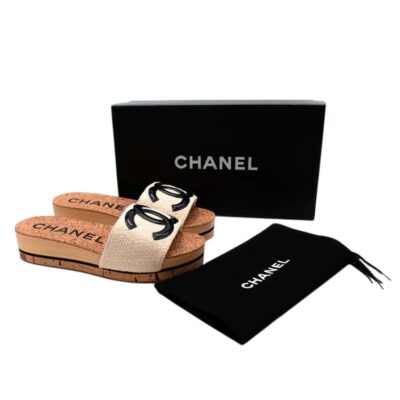 CHANEL Tweed Cork CC Mule Sandal off white (Size 38)