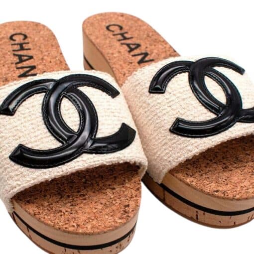 CHANEL Tweed Cork CC Mule Sandal off white (Size 38) - Image 8