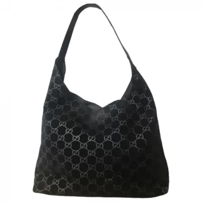 Gucci Vintage Black GG Suede Monogram Hobo Shoulder Bag