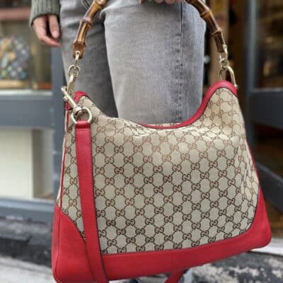 GUCCI Monogram Medium Diana Bamboo Shoulder Bag Red