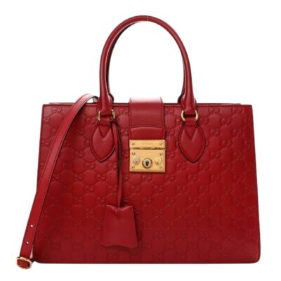 GUCCI Guccissima Signature Padlock Double Handle Bag Hibiscus Red