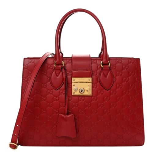 GUCCI Guccissima Signature Padlock Double Handle Bag Hibiscus Red