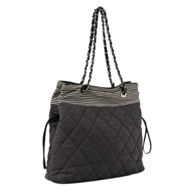 CHANEL Grosgrain Denim Quilted Drawstring Tote Blue Shoulder Bag.