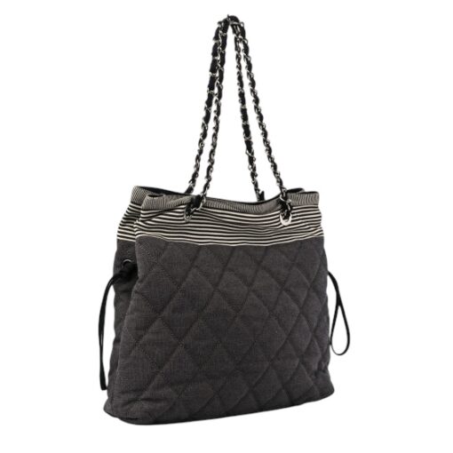 CHANEL Grosgrain Denim Quilted Drawstring Tote Blue Shoulder Bag.