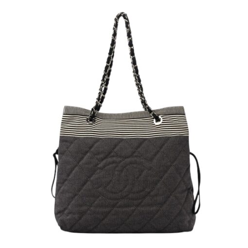 CHANEL Grosgrain Denim Quilted Drawstring Tote Blue Shoulder Bag. - Image 7