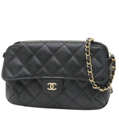 Chanel Black Quilted Caviar bag with Chain and Foldable Tote Bag Pale Gold Hardware