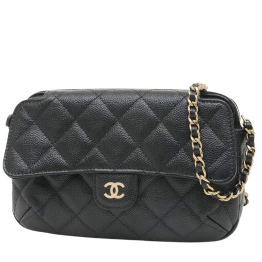 Chanel Black Quilted Caviar bag with Chain and Foldable Tote Bag Pale Gold Hardware