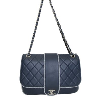 CHANEL Navy 2019 Quilted Lambskin and Metallic Trim Elementary Chic Shoulder Bag
