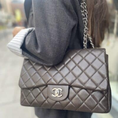 Chanel Dark Brown Quilted Caviar Jumbo Classic Single Flap Bag Silver Hardware