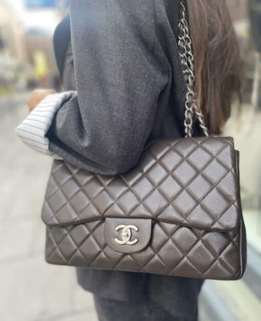 Chanel Dark Brown Quilted Caviar Jumbo Classic Single Flap Bag Silver Hardware